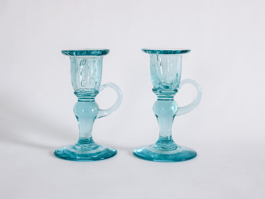 Turquoise Blown Glass Candlestick Holders