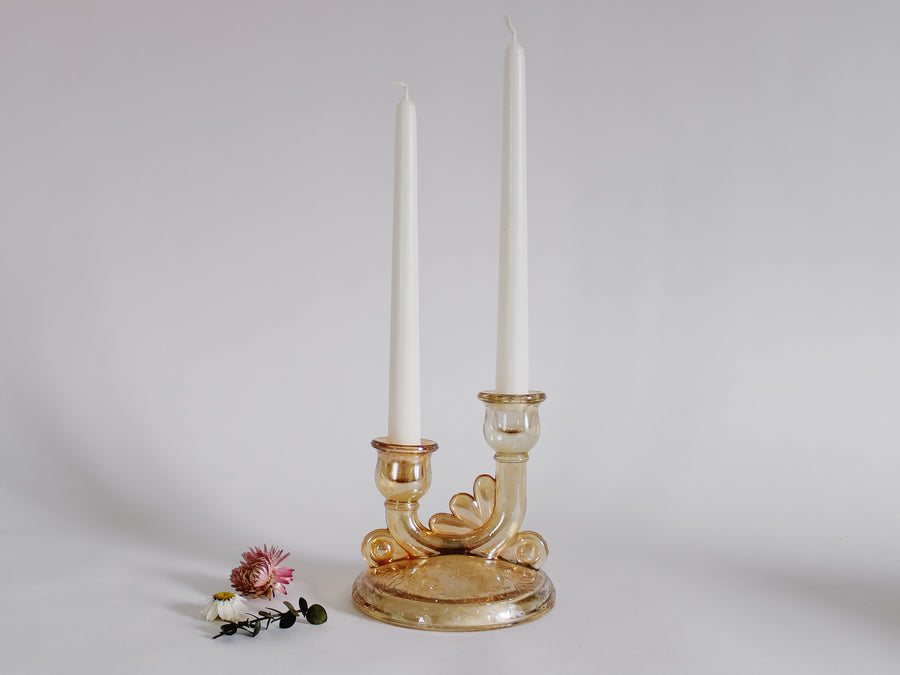 Gold Iridescent Glass Double Candlestick Holder