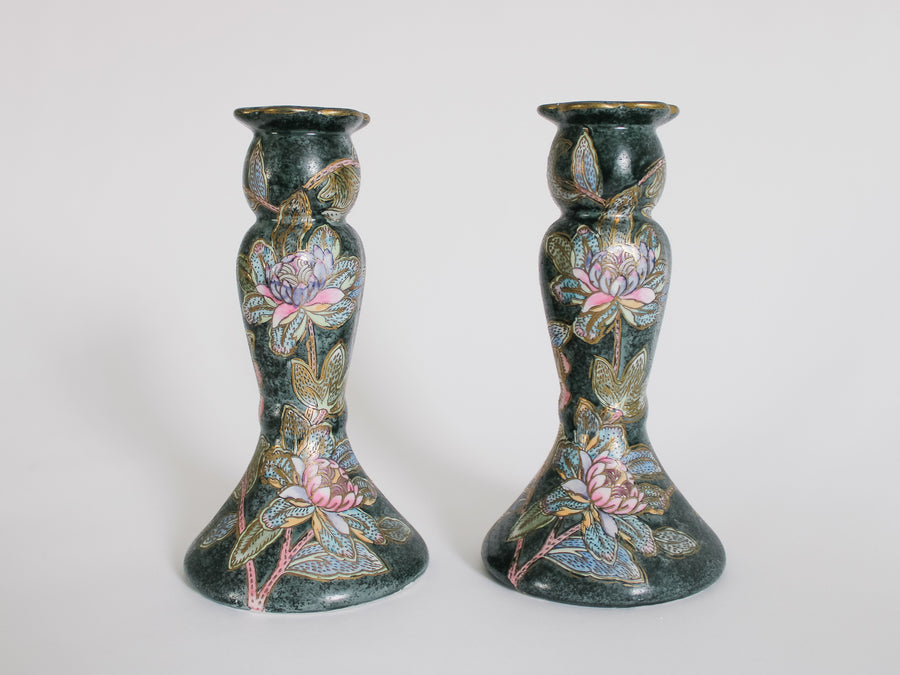 Chinese Porcelain Floral Candlestick Holders